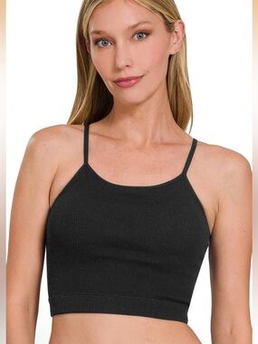Zenana Ribbed Padded Cropped Cami w Halter Neck Crop Tank Top, Size S/M NWOT
